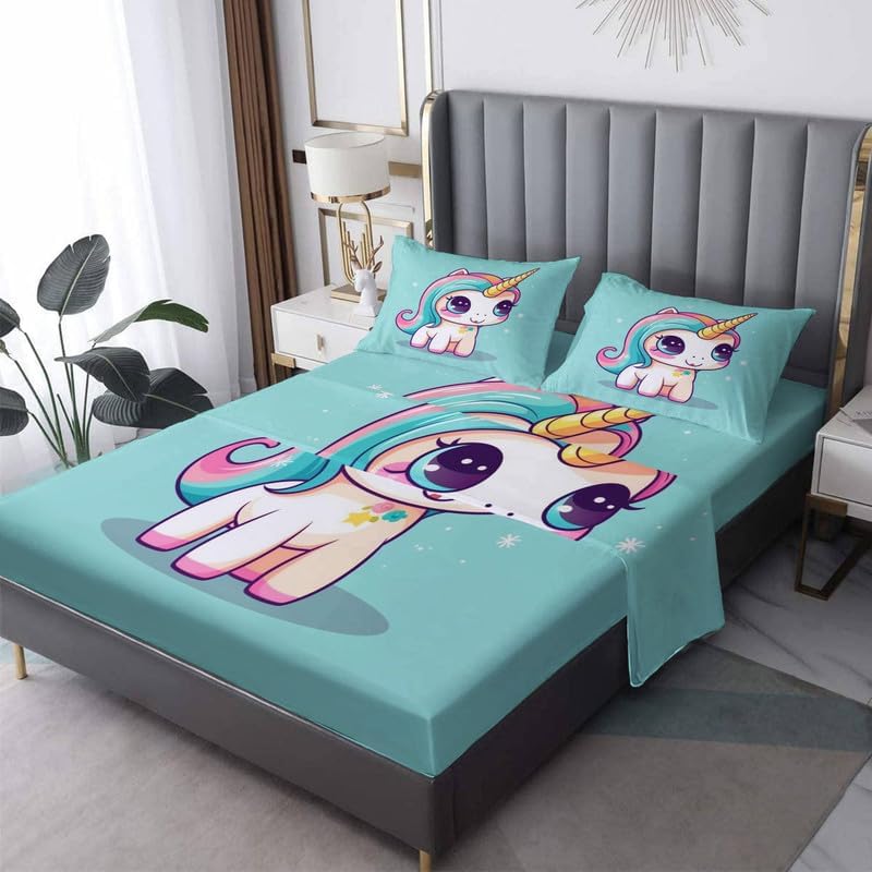 Sábanas de unicornio para niñas, tamaño California King, sábanas de cama kawaii, microfibra suave, bolsillo profundo, sábanas y fundas de almohada