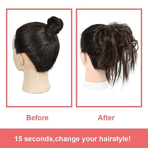 Miniatura 4 de KETHBE Pieza de pelo desordenado, moño sintético despeinado, pieza de pelo corto para cola de caballo sintética con banda de goma elástica, piezas