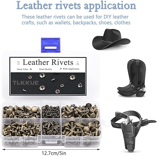 Miniatura 6 de TLKKUE 240 juegos de remaches para cuero, remaches de cuero, 3 tamaños, remaches de cuero de doble tapa para manualidades de cuero,