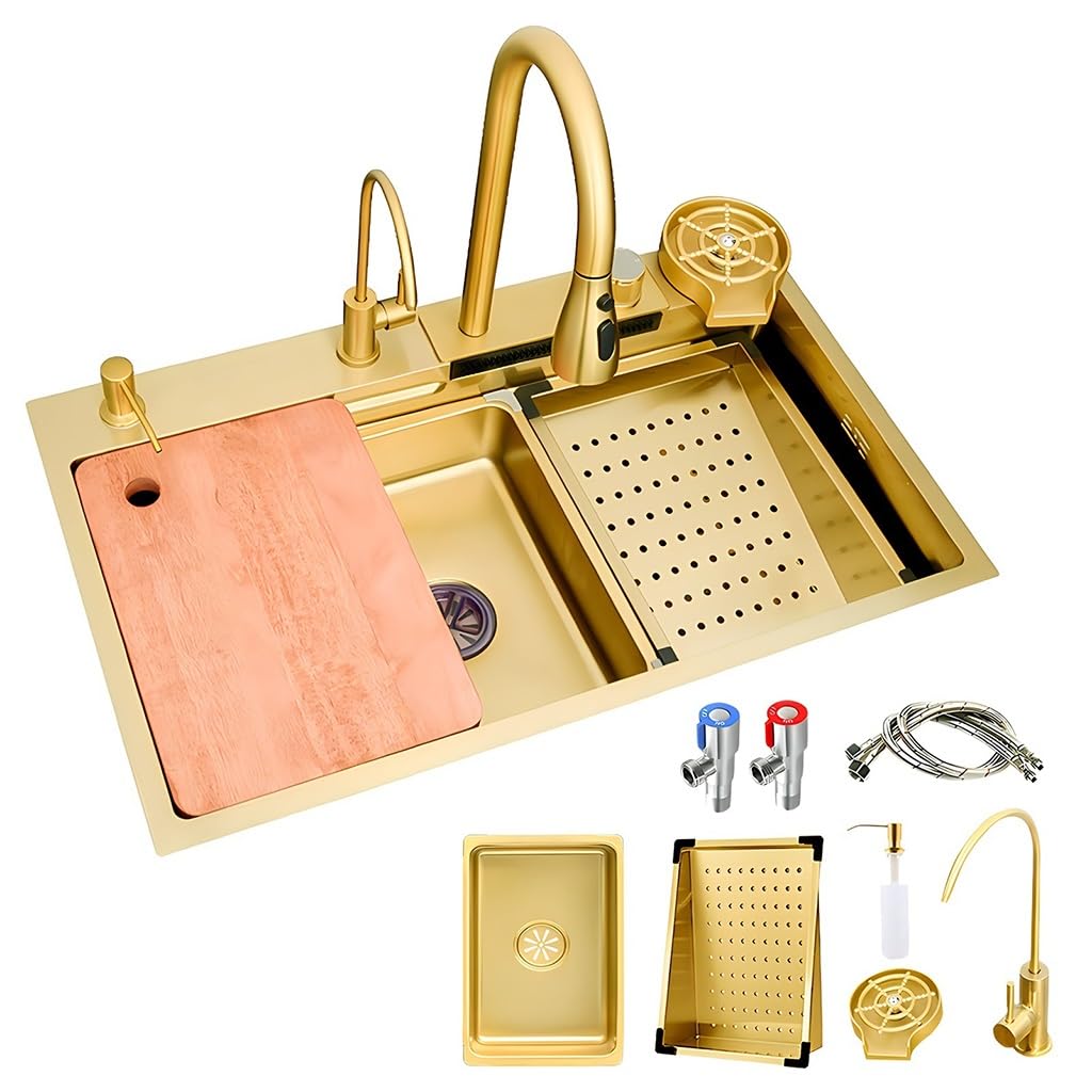 ZQFHSX Stainless Steel Kitchen Sink With Pull-out Faucet, Cup Washer & Drain Kits, Large Waterfall Bar Sink, Single Bowl Workstation Farmhouse For Drop In, Undermount(Gold,75x45x21cm)