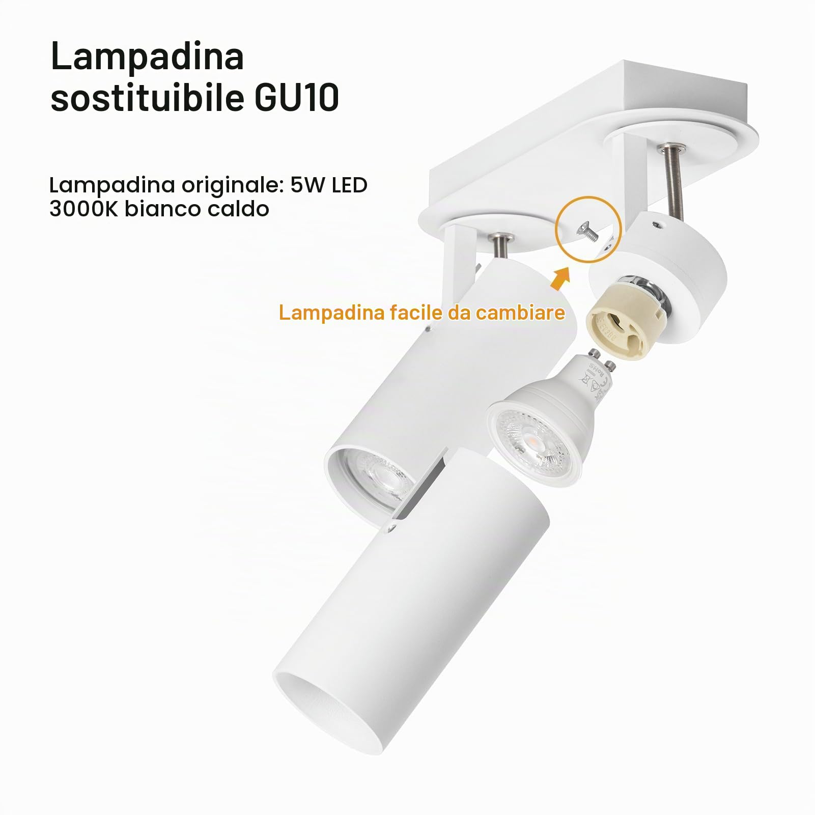 DAWALIGHT Faretti LED Soffitto 2 Punti Luce GU10 5W 3000K Bianco caldo Plafoniera Orientabile Faretto da Parete Lampada Soffitto per Interno Barra Vetrina Cucina Camera da Letto Soggiorno