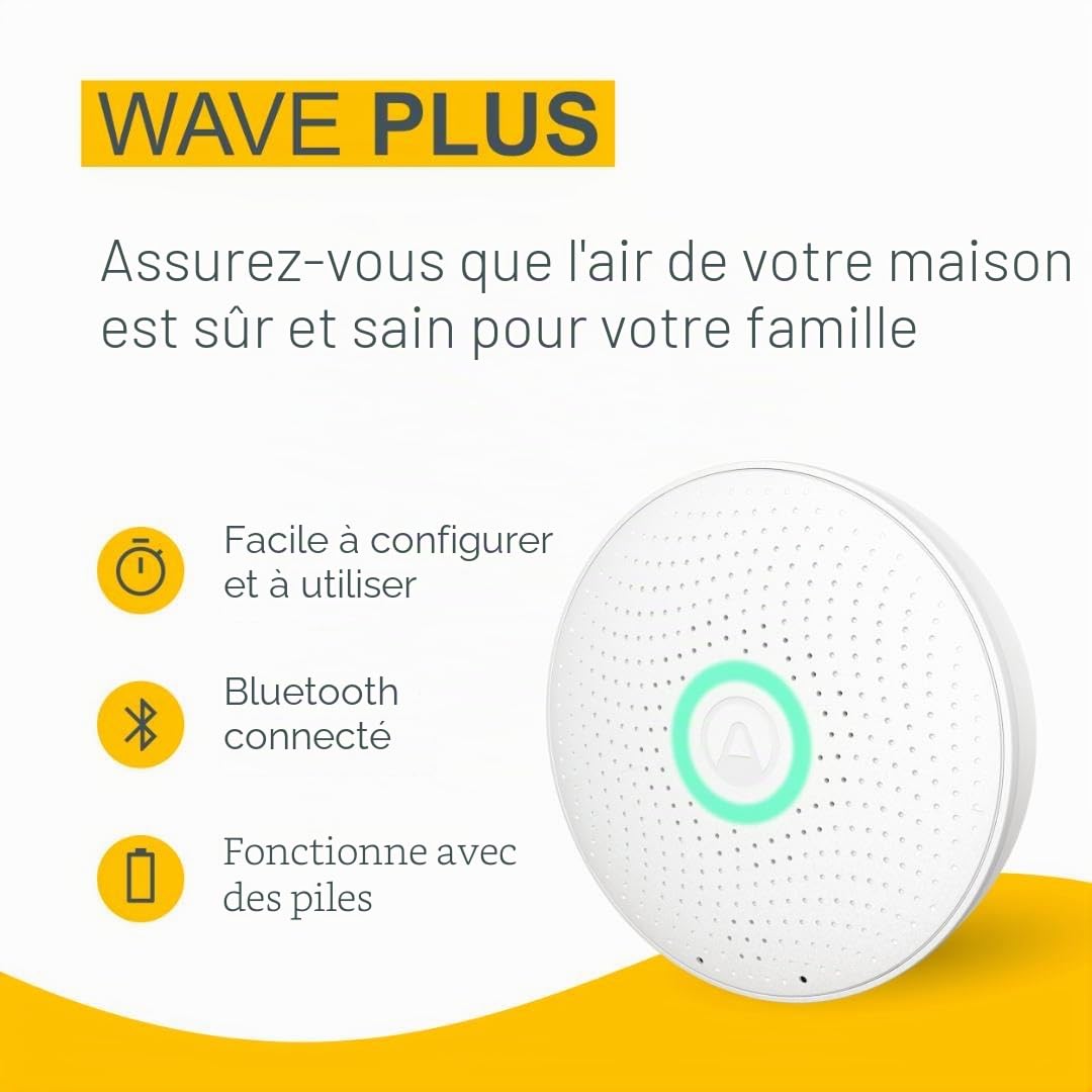 Airthings 2930 Wave Plus - Détecteur de Radon et de la Qualité de l’Air avec Détecteur de CO2, COV, Pression Atmosphérique, Humidité et Température