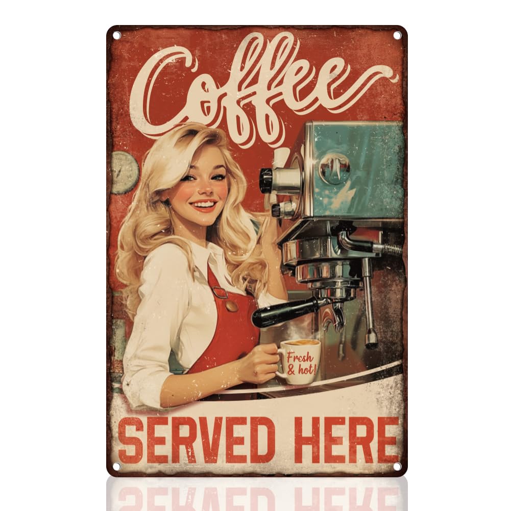 Coffee Bar Wall Decor Sign,Coffee Served Here Cafe Bar Metal Tin Sign 8X12 Inch