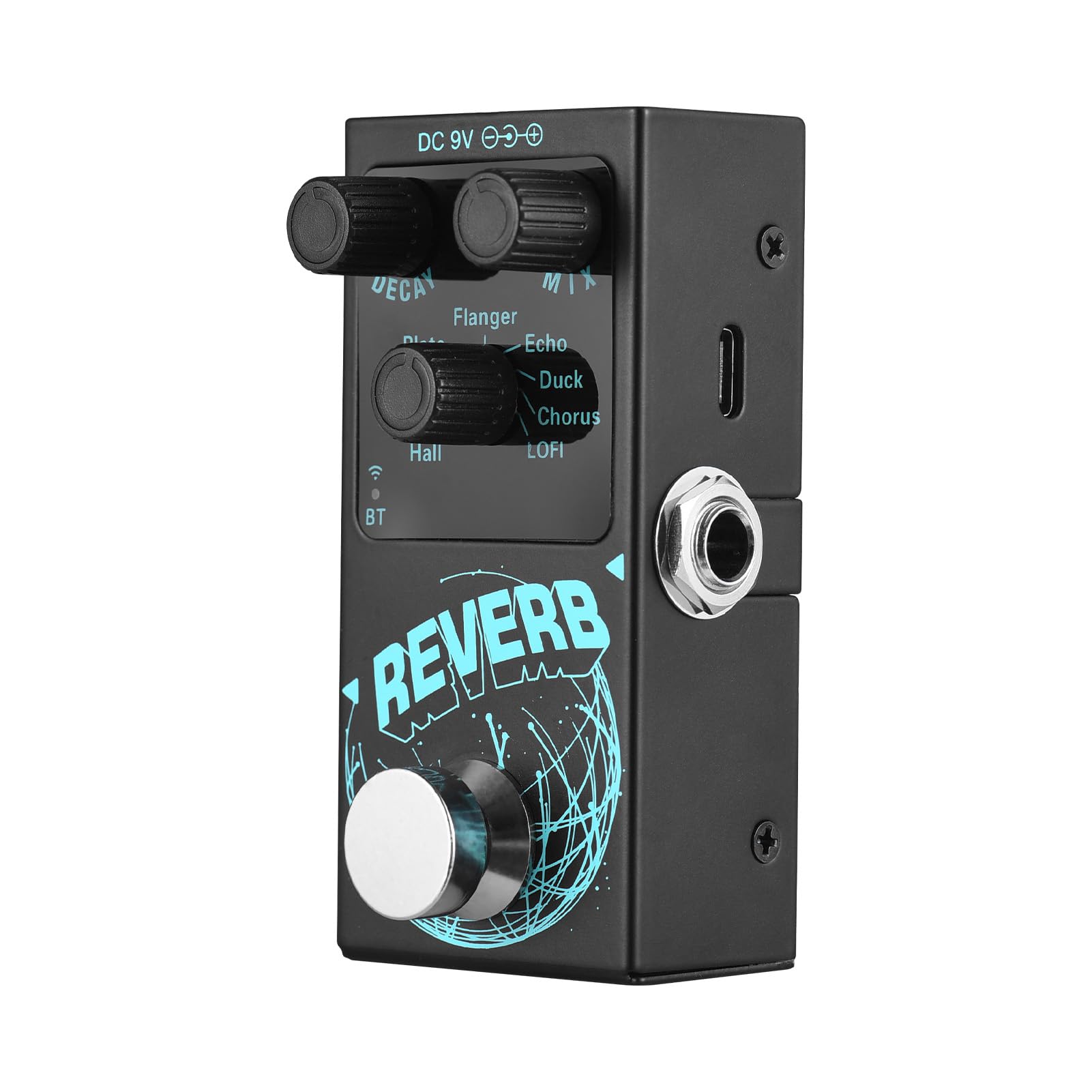 Reverb Effekte Pedal, 9 Arten Reverb, E-Gitarre Hall/Studio/Room/Plate/Echo/Flanger/Duck/Chorus/LOFI, DECAY/MIX, Tragbar, BT 5.4, USB, Metall