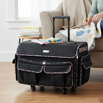 Everything Mary XXL 4 Wheeled 360 Degree Sewing Machine Trolley Bag on Wheels Black with Floral Trim, Sewing Machine Storage Case for Large Embroidery Machines-Brother, Singer, Bernina and Most