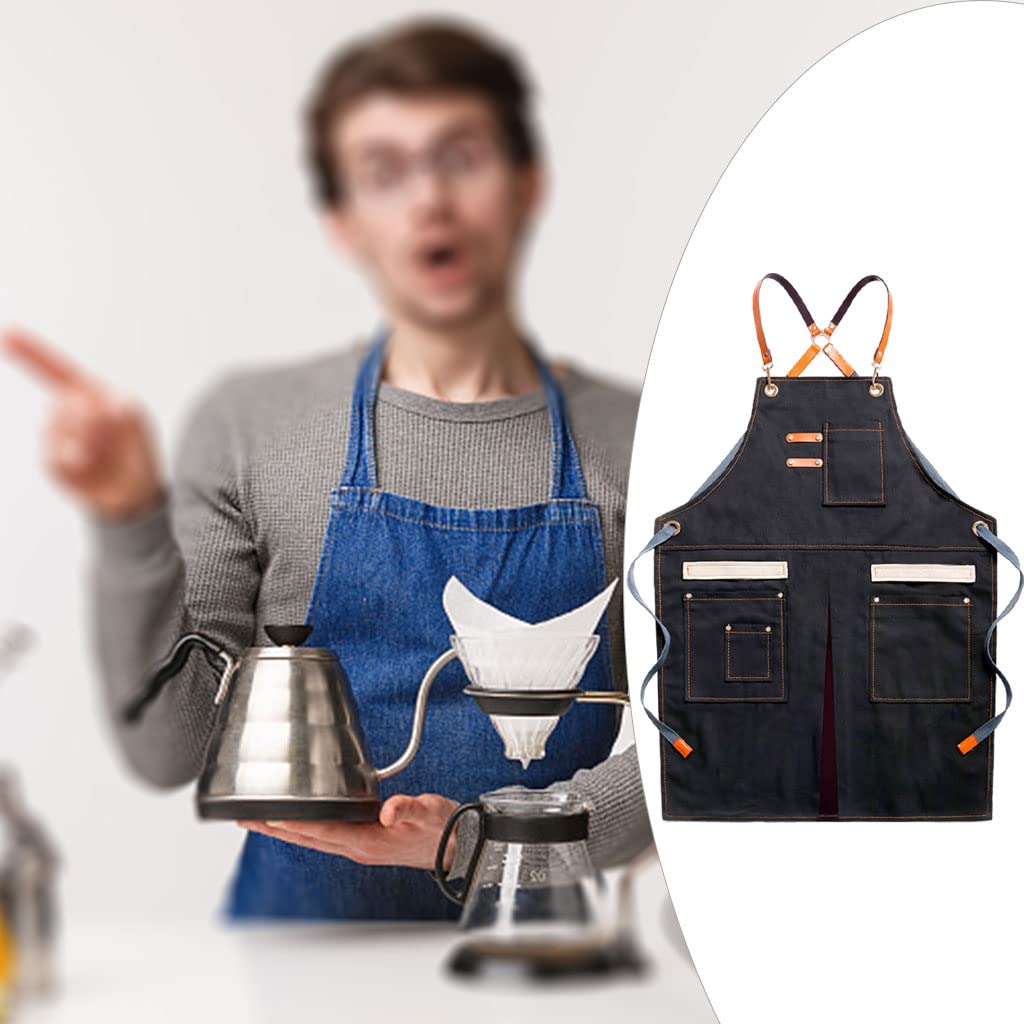 Delantal de Lona con Diseño de Tirantes Y Bolsillos Amplios para Chef Camarero Pintores Y Panaderos Función Antimancha Adecuado para Barbacoa, Negro, Individual