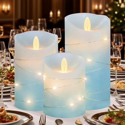Miniatura 1 de Velas azules de Navidad sin llama con tira de luces, velas de cera real con mecha móvil, funciona con pilas con control remoto y temporizador,