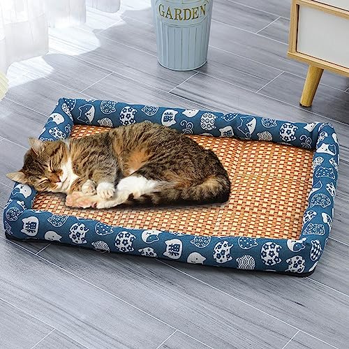 Pet Ice Pad Mat, Washable Natural Rattan Pet Cooling Mat Bed For Dogs Cats, Pets Ice Pad Rattan Mat Nest, Summer Pet Woven Breathable Square Mat Sleeping Pad With Pillow For Dogs Cats (Blue,16*12in)