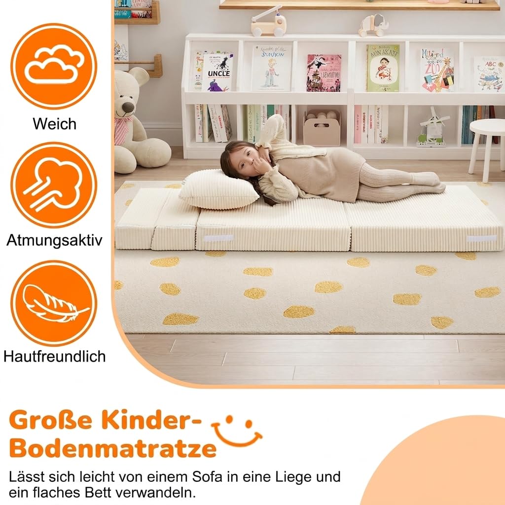 MeMoreCool Cord Spielsofa Kindersofa, Glow-Kinder Sofa, Kinder-Klappsofa, Flip-Sofa Kindercouch, Z-Bett, kindersofa ausklappbar, Bodenbett, Klappcouch für Spielzimmer, Beige