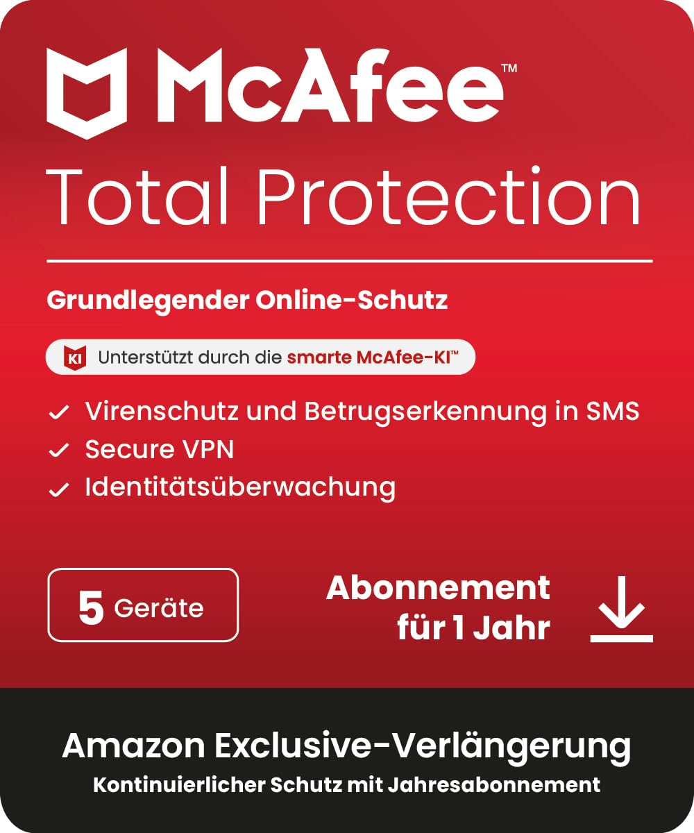 McAfee Total Protection 2026 (5 Geräte), 12 Monate Amazon Exklusiv | Virenschutz, VPN, Betrugsschutz, Sicherheitssoftware| Amazon Abonnement mit automatischer Verlängerung