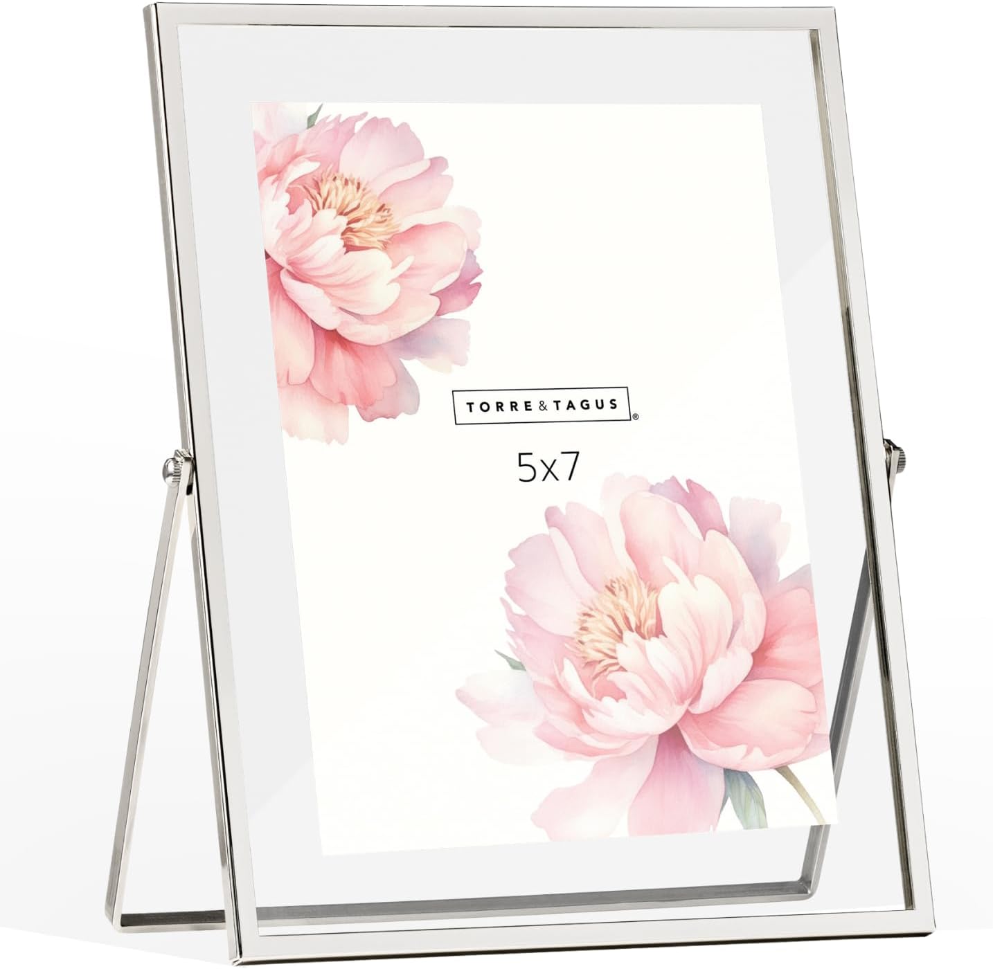 Torre & Tagus Silver Trim Floating Picture Frame – 5x7 Glass Photo Frame, Modern Silver-Plated Metal Tabletop Display
