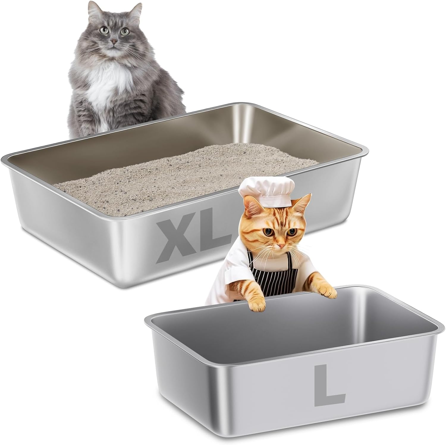 Stainless Steel Litter Box XL, 23.6“x15.7"x6" and Large Metal Litter Box for Kitty/Cat/Rabbits, Easy to Clean, Non Stick Long Cat Litter Box No Smell for Adult Cats