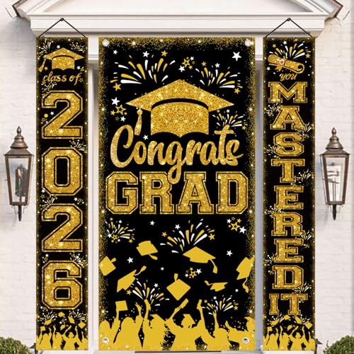 Masters Graduation Porch Sign Class of 2026 Decorations Black Gold Graduation Party Decorations Mastered It Banner for Masters Degree Door Decorations