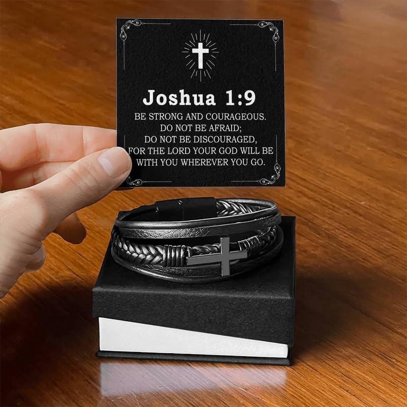 Men's Cross Leather Bracelet with Bible Verse, Layer Black Leather Bracelet for Men, Christian Religious Inspirational Graduation Gift for Him Dad Husband Boyfriend Grandson Son3