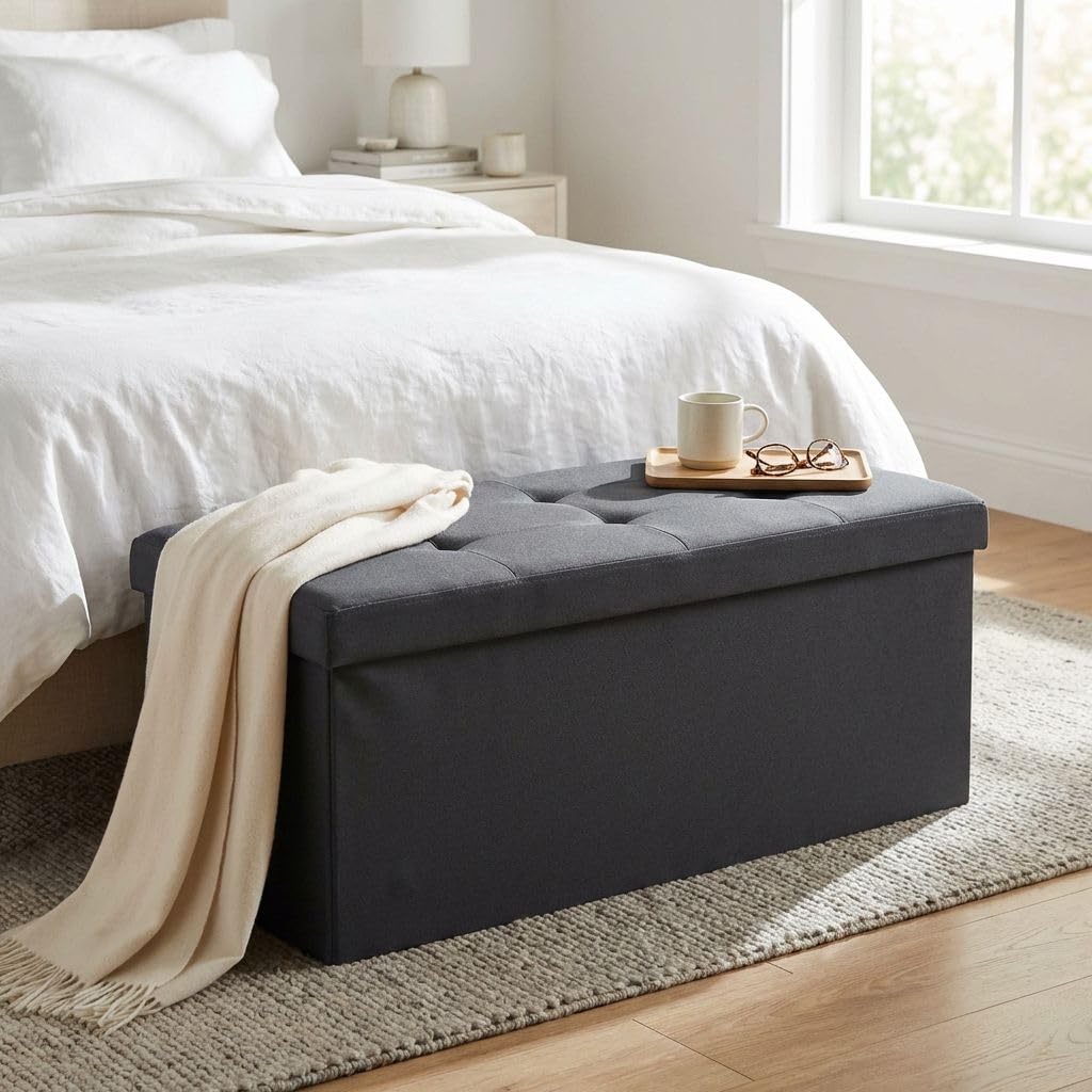 milani home - pouf contenitore rettangolare, tessuto, seduta contenitore poggiapiedi, nero, 76 x 38 x 38 cm