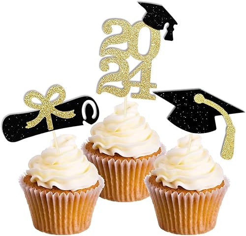 Miniatura 1 de Adornos para magdalenas de graduación 2023, paquete de 24 unidades con purpurina dorada clase de 2023 para decoraciones de fiesta temática de