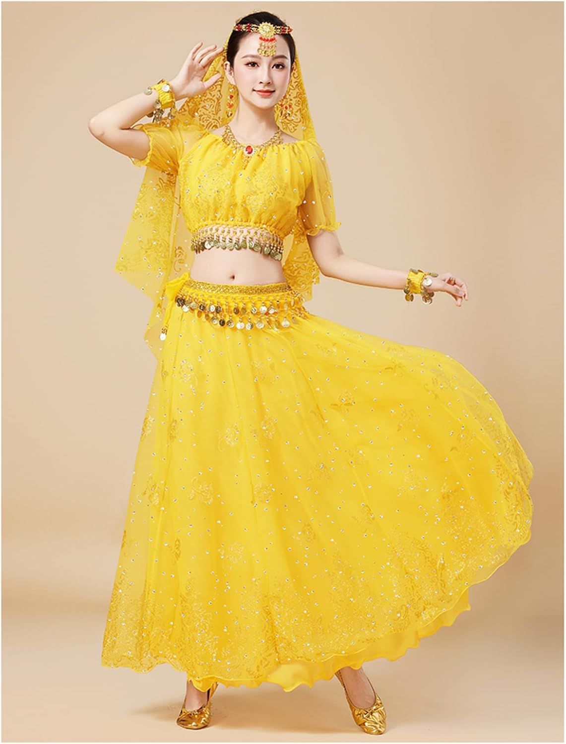 ORIDOOR Women's Belly Dance Dress Crop Sequin top Chiffon Dress Halloween Dress