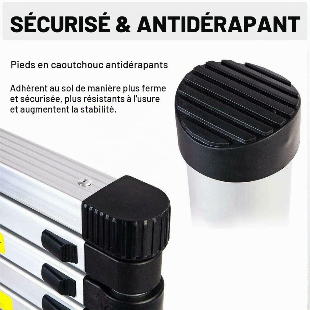 Échelle télescopique de 4,4 m avec 2 Crochets, échelle coulissante extensibl, échelle Multifonction, Facile à Transporter, capacité de 150 kg, Argent
