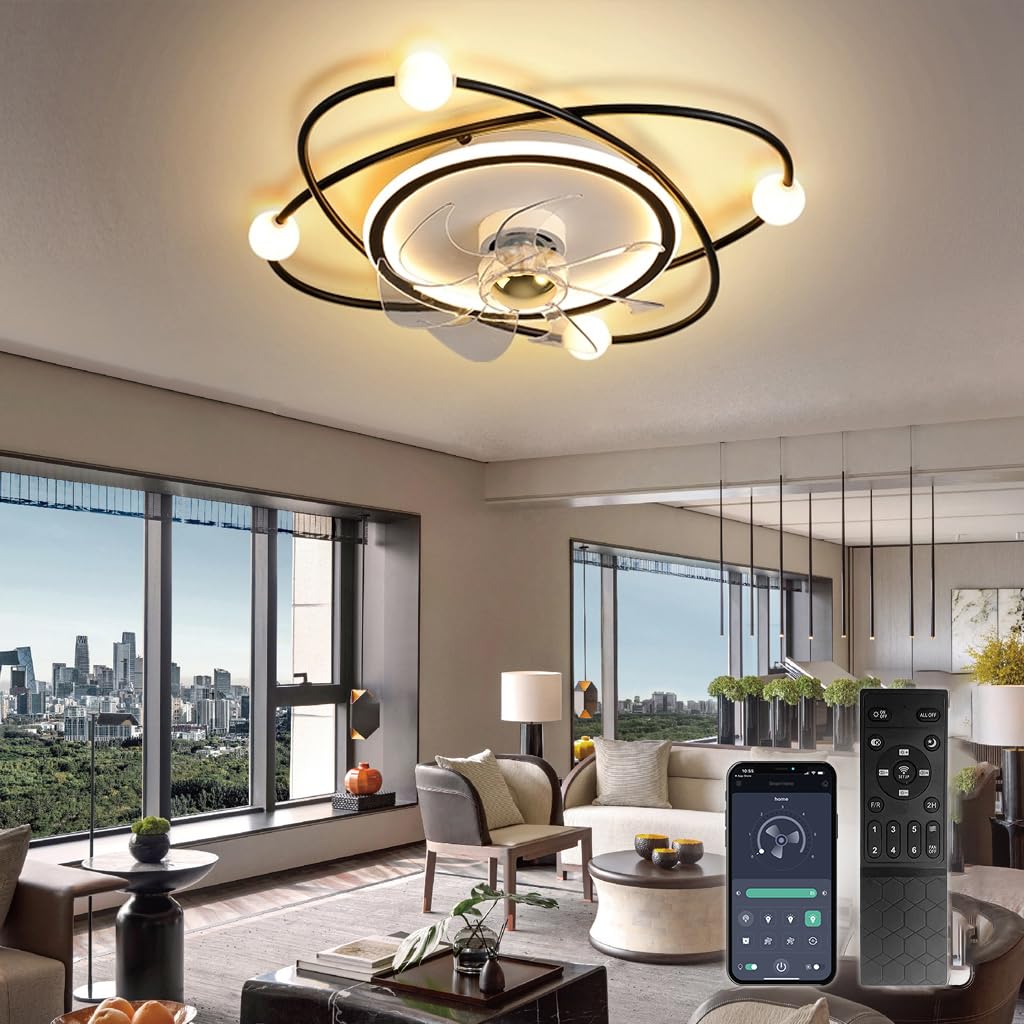 Nowoczesny wentylator sufitowy z oświetleniem, 58 cm ściemnialne światło sufitowe LED z wentylatorem, 42W Timer Wentylator sufitowy z lampą do salonu Sypialnia jadalnia(Czarny)