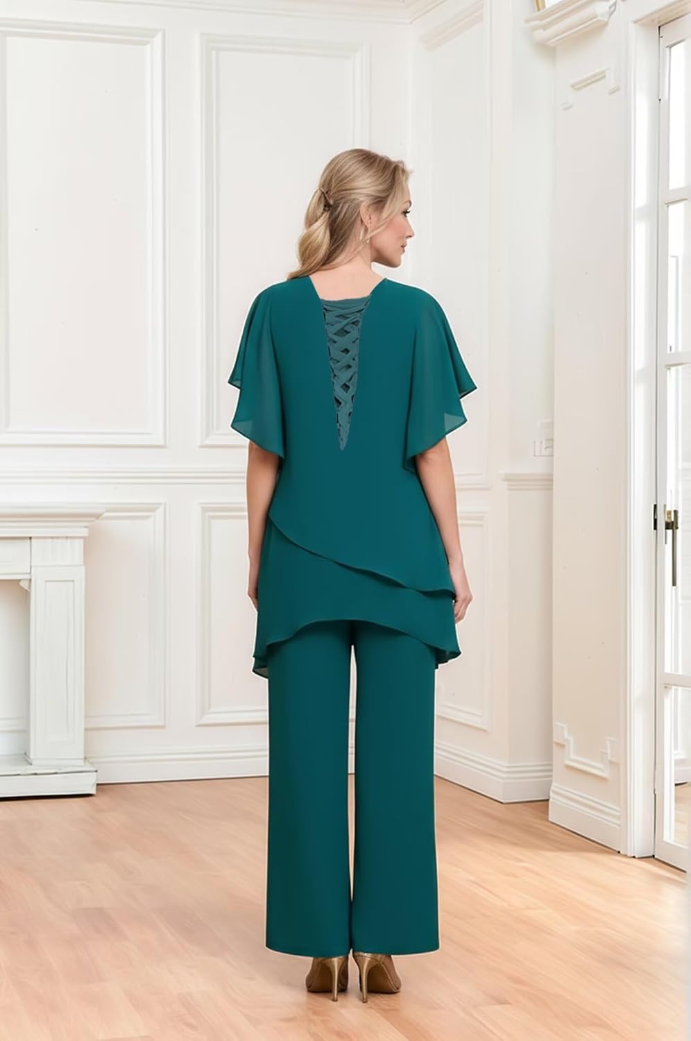 2 Pieces Chiffon Mother of The Bride Pant Suits for Wedding Short Sleeve Formal Pant Suit Wedding Guest Outfits