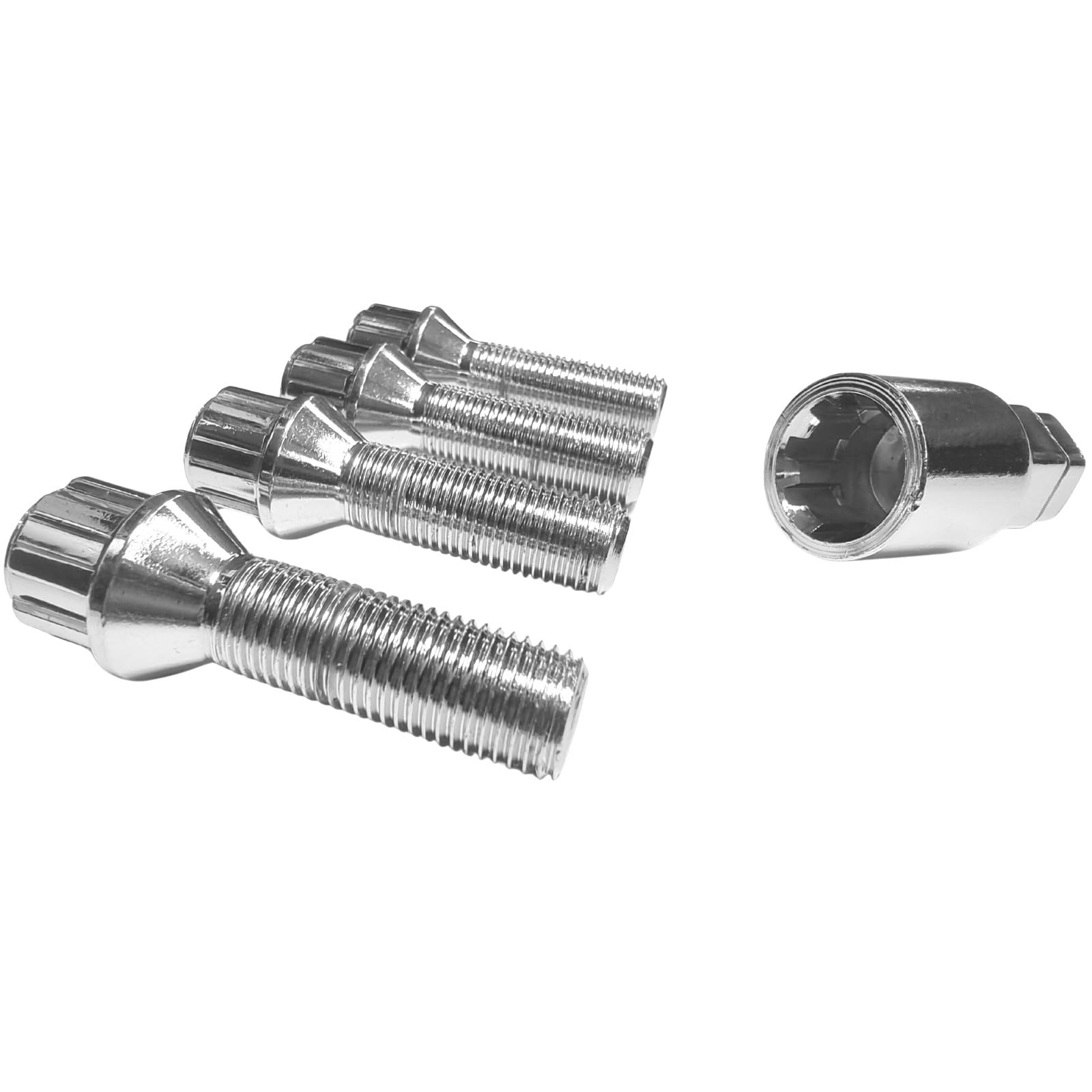 Blokada do felg M14 x 1,5 x 43 mm, taśma stożkowa 60°, 4 srebrne zamki felg, zestaw 4 sztuk, zabezpieczenie felg, zabezpieczenie przed kradzieżą, zabezpieczenie kół, śruby kół