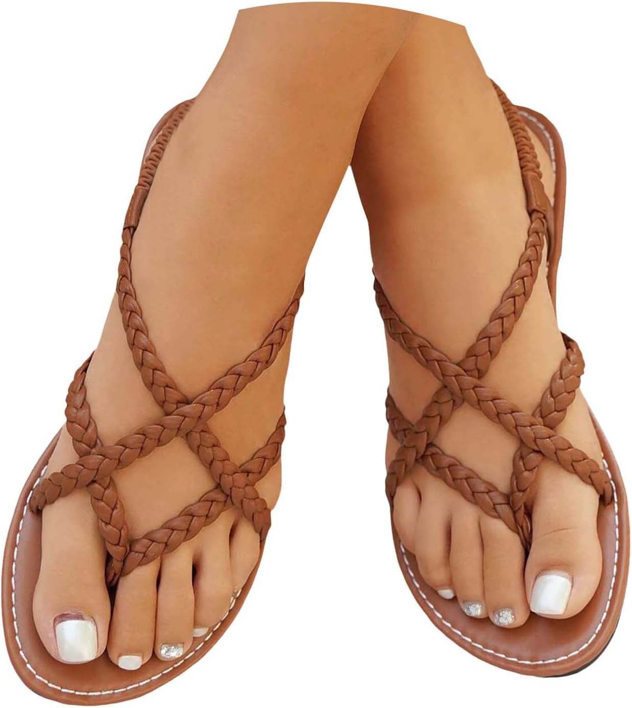 Woven Women's Flat Sandals Dressy Elastic Ankle Strap Casual Summer Thong Sandals for Beach Shoes Women Braided Rope Bohemian Comfortable Slip On Leather Open Toe Flip Flops Sandal