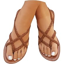 Women's Strappy Flat Sandals Braided Summer Dressy Gladiator Flats Open Toe Ankle Strap Walking Sandals Slip On Thong Sandals Beach Shoes