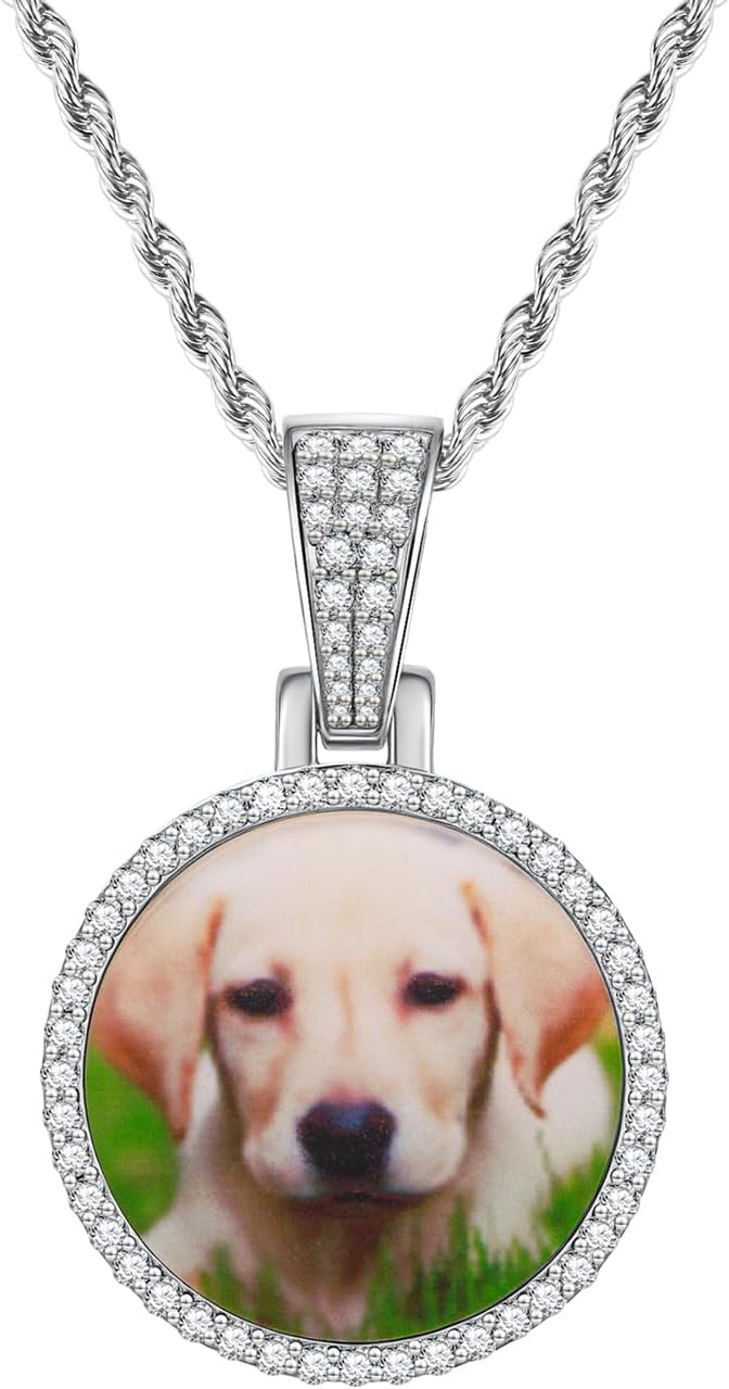 HELLOICE Custom Moissanite Round Picture Solid Pendant Necklace for Women Men 925 Sterling Silver Personalized Photo Necklace VVS1 D Color Hypoallergenic Memory Hip Hop Jewelry for Graduation Teacher Appreciation Gift