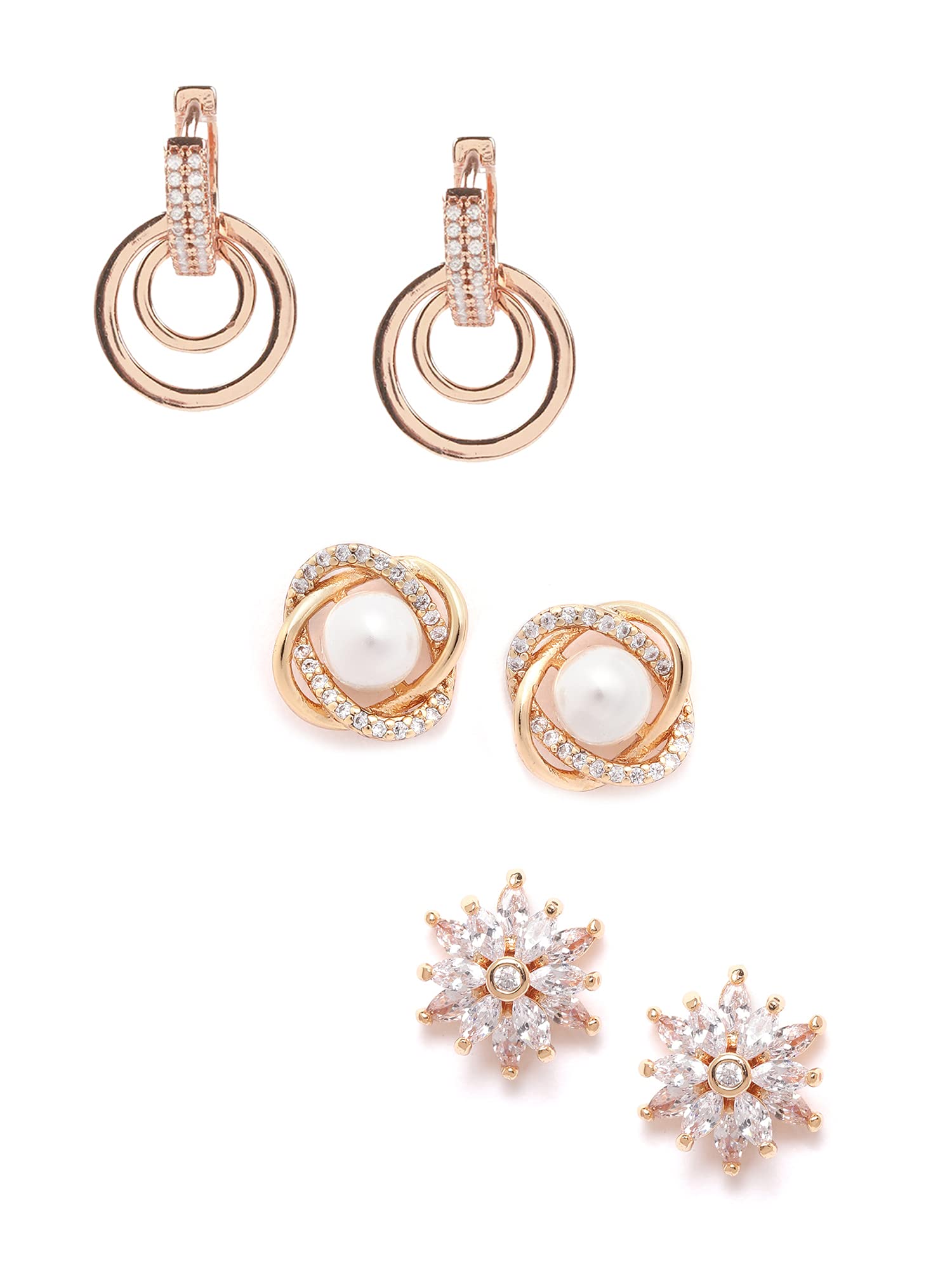 Combo of 3 Rose Gold Cubic Zirconia & Pearls Brass Stud & Drop Earring For Women-ZPFK10858