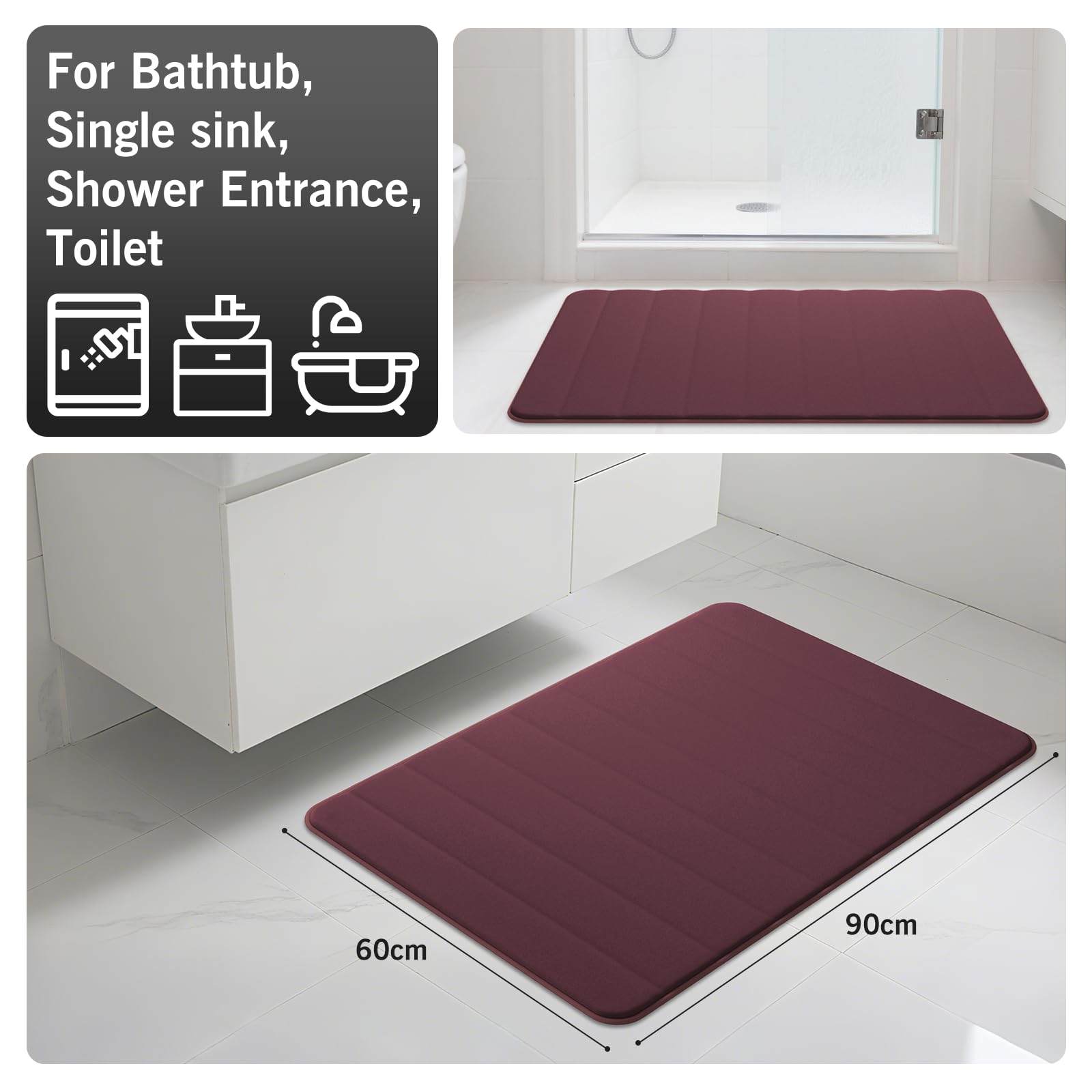 wyewye Memory Foam Bath Mat 60x90 cm Wine - Ultra-Soft, Non-Slip, Super Absorbent Bathroom Rug, 90 x 60 cm (Rectangular) - Image 2