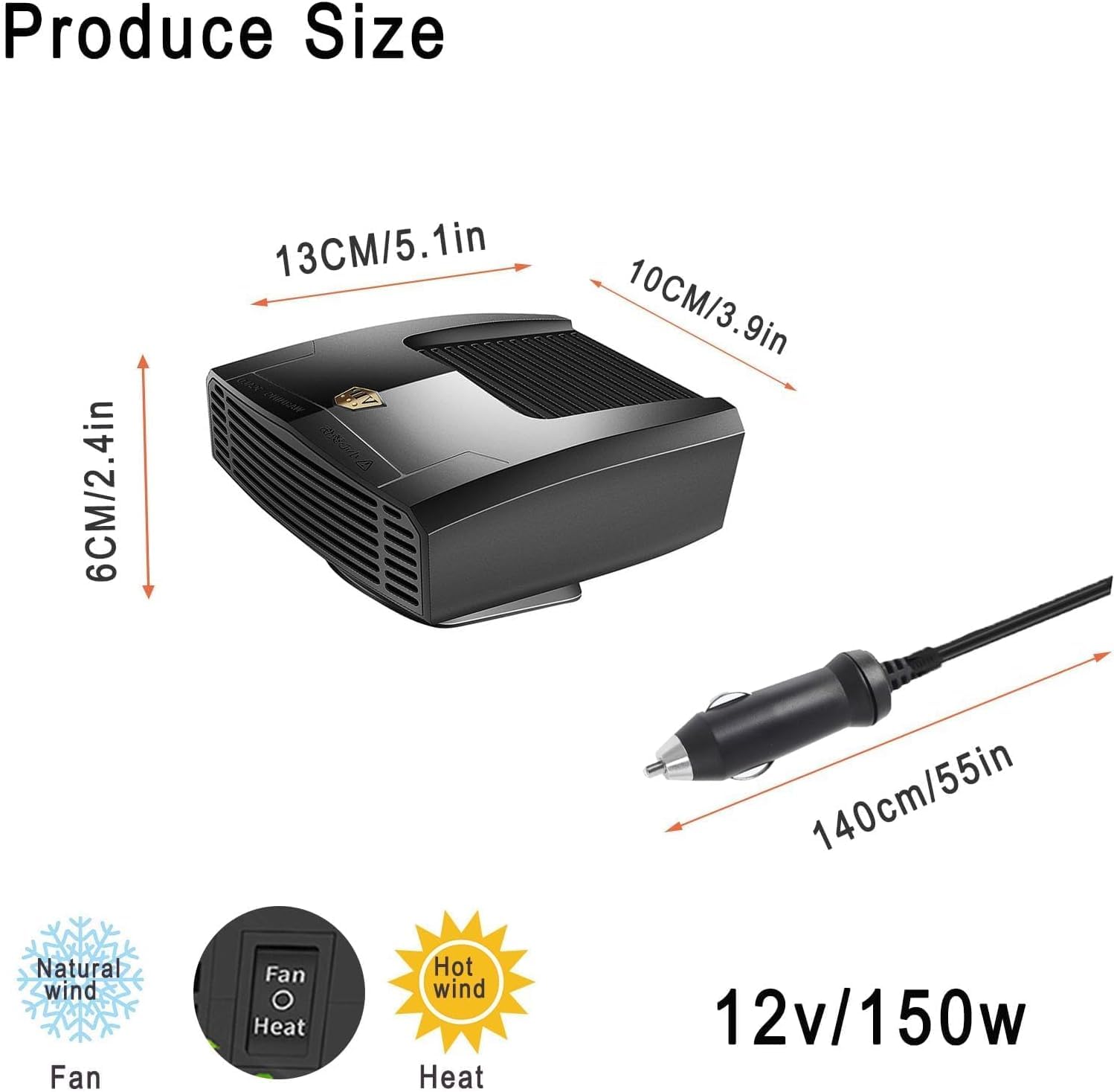 Chauffage 12 V pour voiture 150 W Chauffage rapide Ventilateur de refroidissement Désembueur et dégivreur Rotation à 360° Chauffage portable de voiture qui se branche sur allume-cigare Petite chaleur