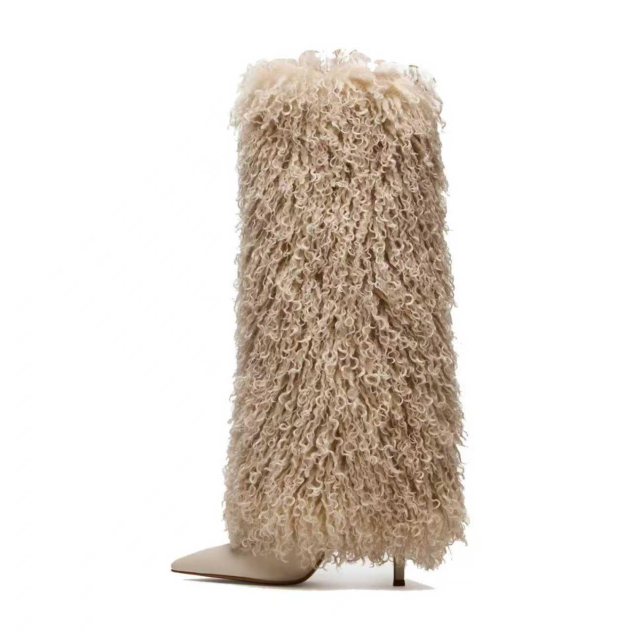 Fur Knee High Boots for Women Pointed Toe Stiletto Heel Fold Over Tall Boots Fashion Wide Calf Long
