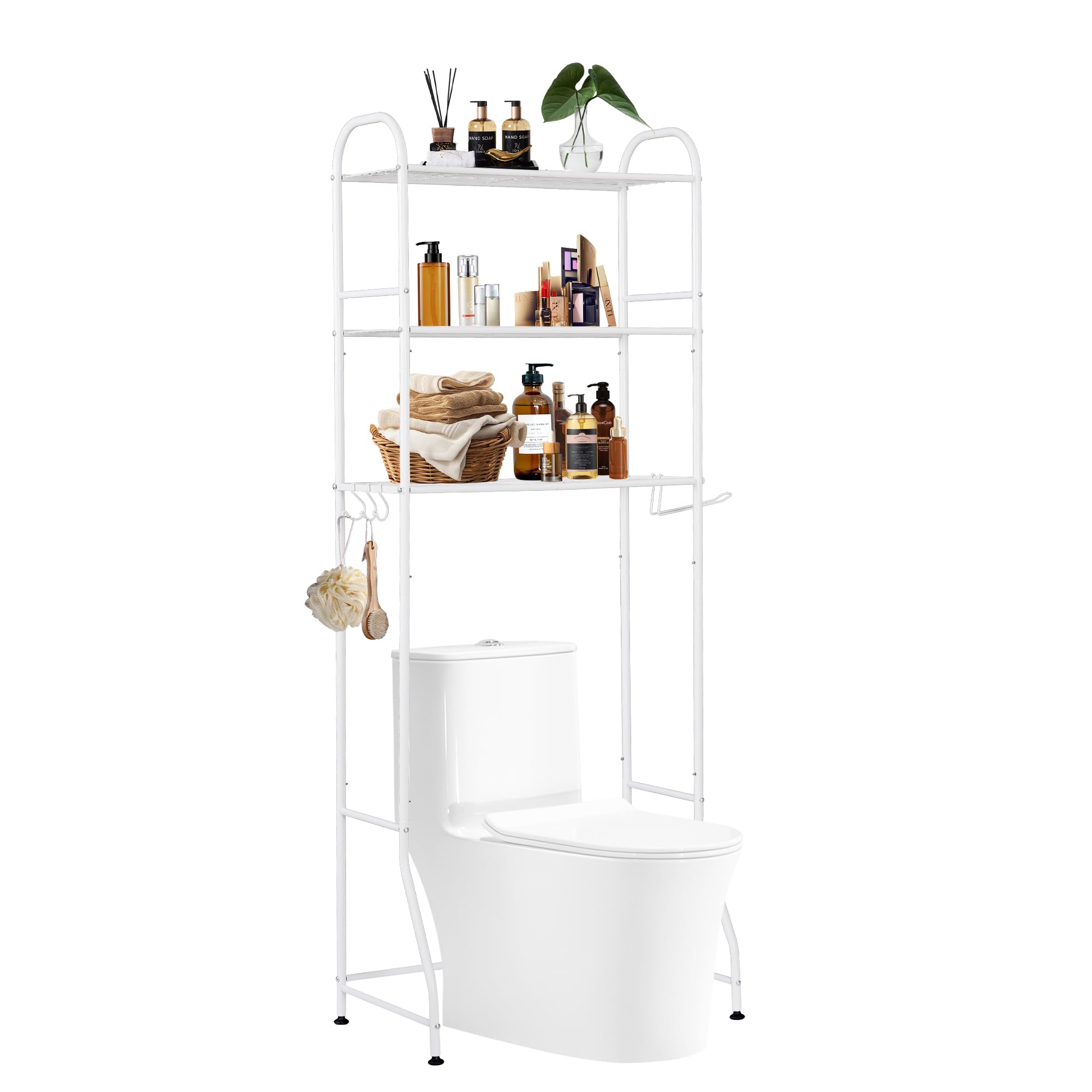 Toilettenregal aus Edelstahl, 3-stufig Weiß Bohrfrei Montage, rutschfeste Füße, Platzsparend 156x61x29cm für WC