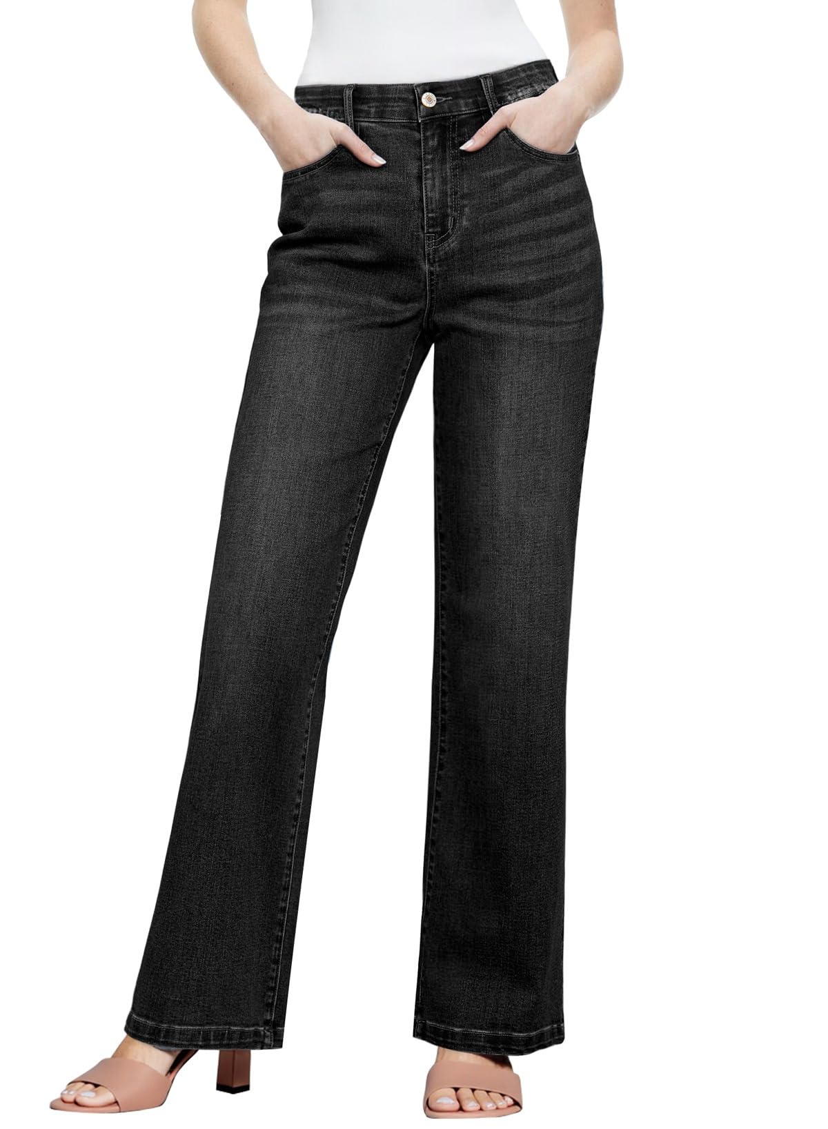 Photo 1 of Sidefeel Wide Leg Jeans Woman High Waisted Stretchy Straight Leg Elastic Waist Baggy Denim Pants Black Size 18