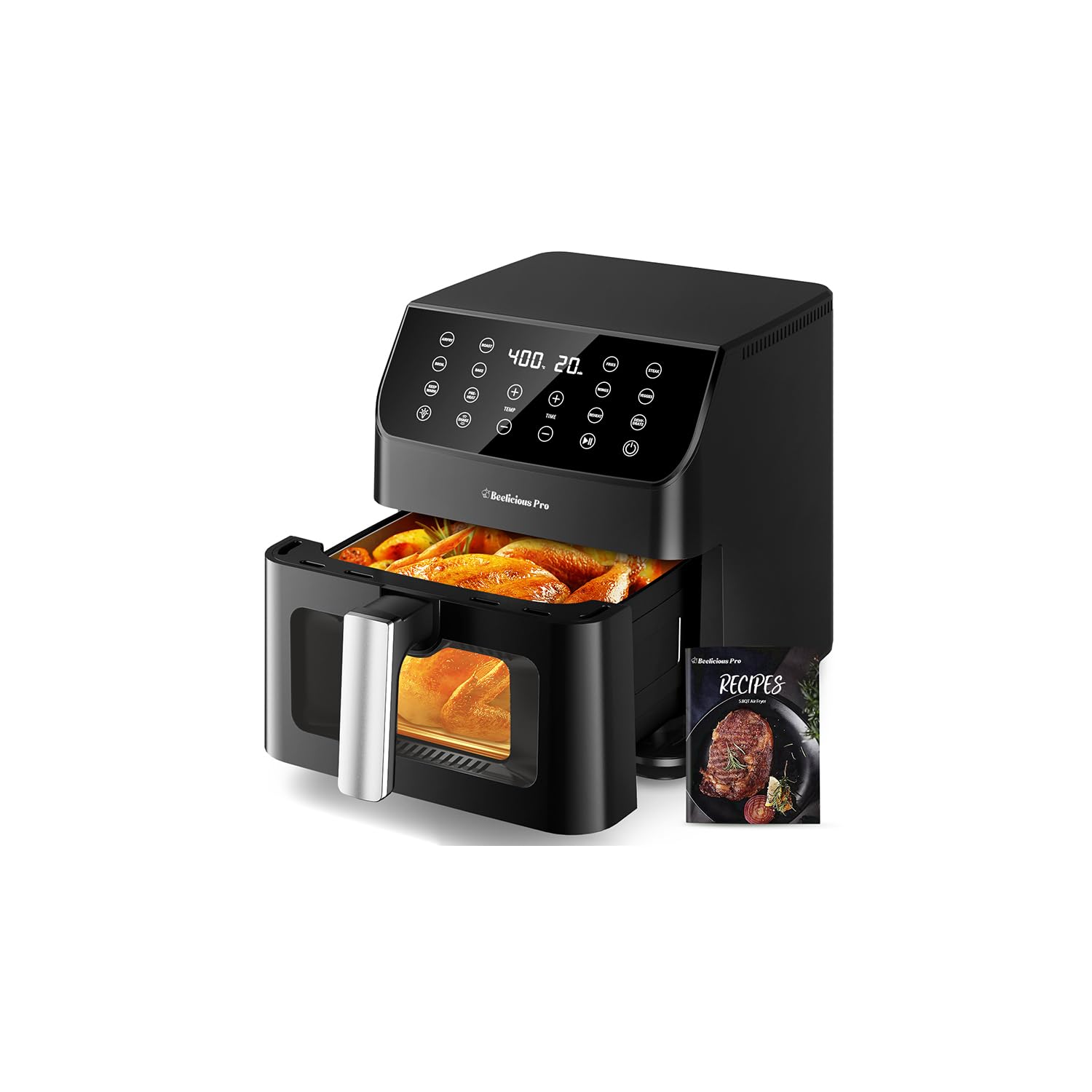 beelicious 5.8qt large air fryer, 12-in-1 digital airfryer with view window, 40+ recipes, flavor-lock tech, dishwasher safe, nonstick, shake reminder, compact, quiet. black