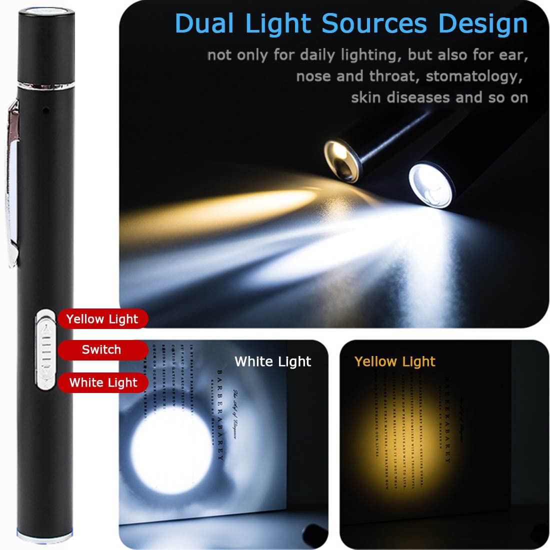 Torce Penna LED Ricaricabili USB - 2 In 1 Luce Bianca E Gialla, Per Infermieri E Medici, Confezione Da 2 - Foto 2