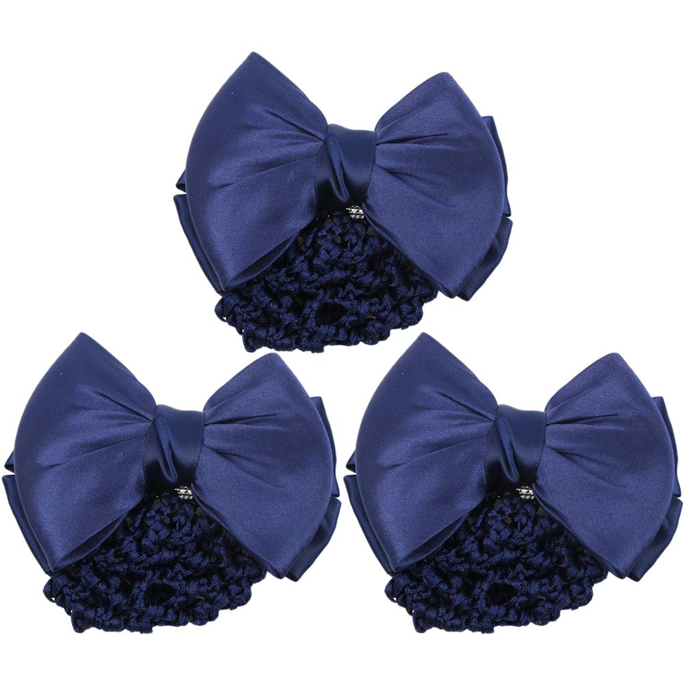 EOPER 3 Pieces Solid Color Satin Bow Barrette Bowknot Snood Net Hair Clip Cover Women Hair Accessories, Navy