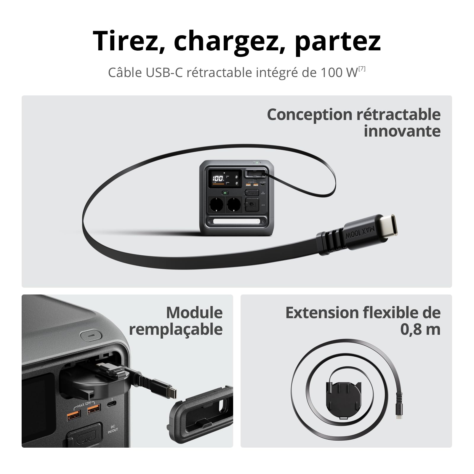 Station électrique portable DJI Power 1000 Mini, batterie LFP de 1 008 Wh, format compact, sortie maximale de 1 000 W, alimentation automobile, câble SDC vers allume-cigare (12 V), camping, road trips