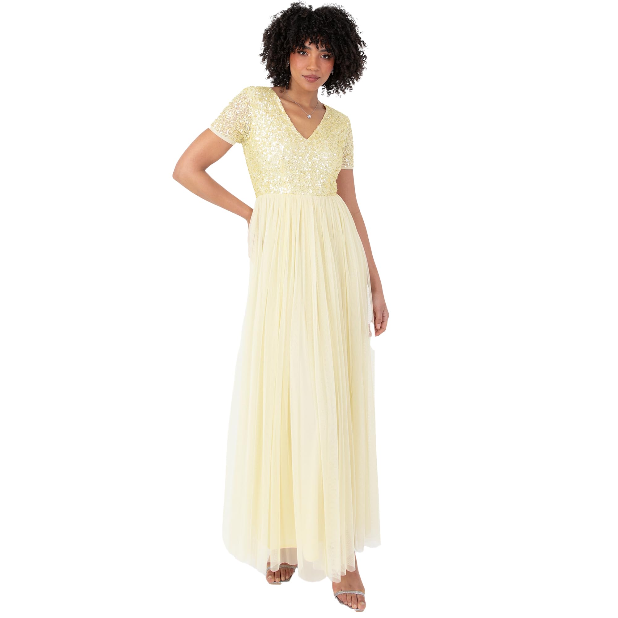 Maya Deluxe Women's V Neckline Embellished V Neck Maxi Dress Short Sleeve Empire Waist Prom Graduation Bridesmaid Wedding Guest, Lemon, 8