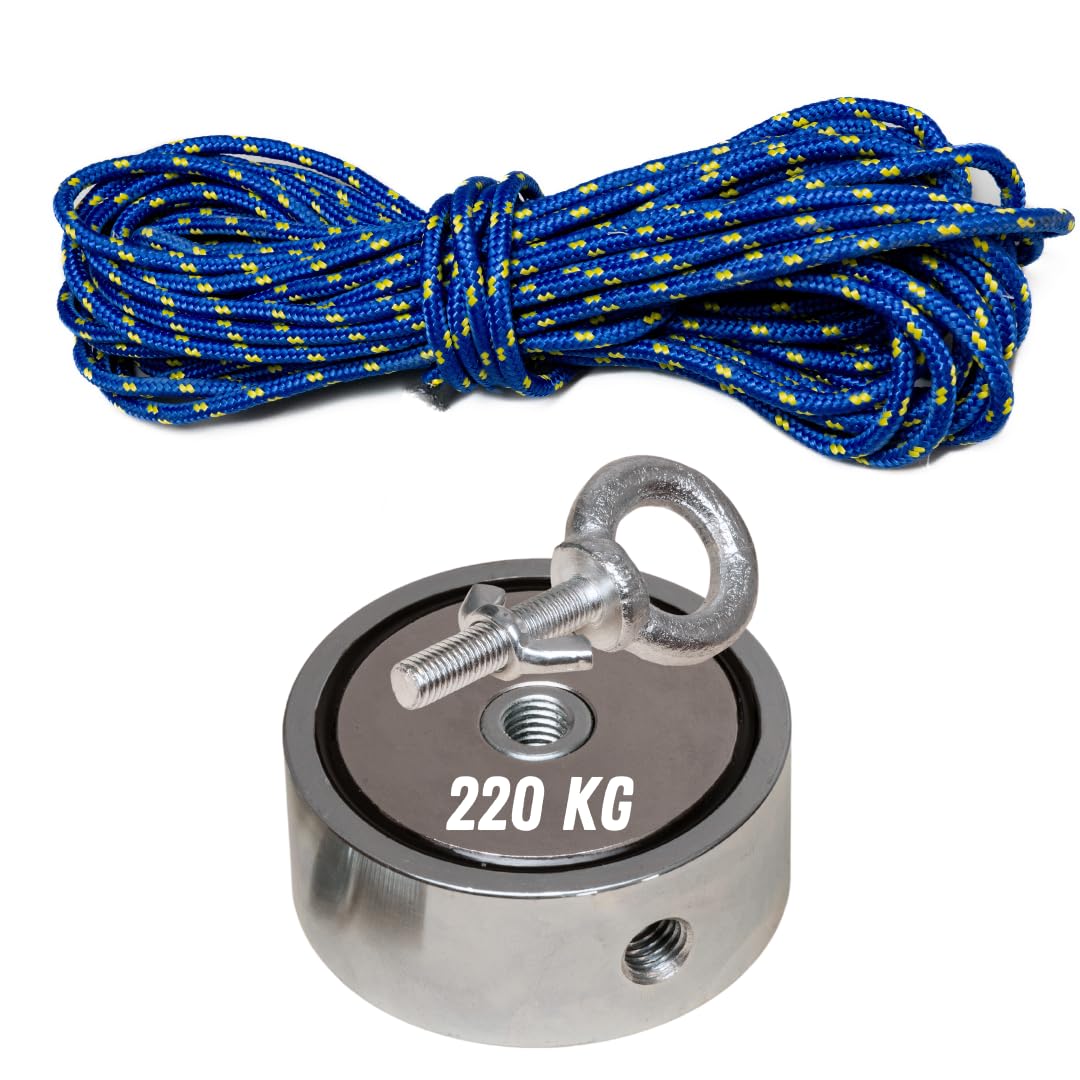 ITALFIT MAGNETI Set Magnet fishing - Diametro 67mm, Spessore 28mm, con due Fori M10 - Magnete Potente per pesca magnetica - Calamita potente e Corda 20m Inclusa - Forza 220 KG Ideale per Magnetfishing