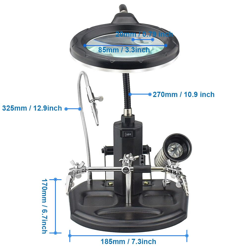 MMOBIEL Troisième main Robuste avec Loupe 2.5X à 4X, Lampe LED, Support Fer à souder avec Pinces et clips de soutien