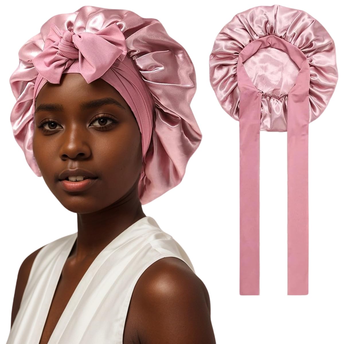 HIQIU Kadın saç bakımı saten bonnet uyku bonesi, ipek ayarlanabilir uyku bonesi, elastik bonnet ipek başlık, uyku için yumuşak, gece saç bonesi, kadınlar için, Pembe., 36
