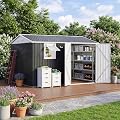 GarveeLife 10x8FT Outdoor Storage Shed with Pushable Window - LED Lamp, Pegboard, Metal Garden Shed with Sloping Roof, Breathable Vent, and Lockable Doors