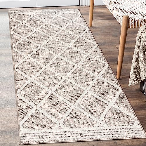 ReaLife Rugs Machine Washable Area Rug Runner - Living Room Bedroom Bathroom Kitchen Entryway Office - Padded Low Pile Stain Resistant Premium - Boho Modern Farmhouse - Tessa - Beige Ivory 2'6