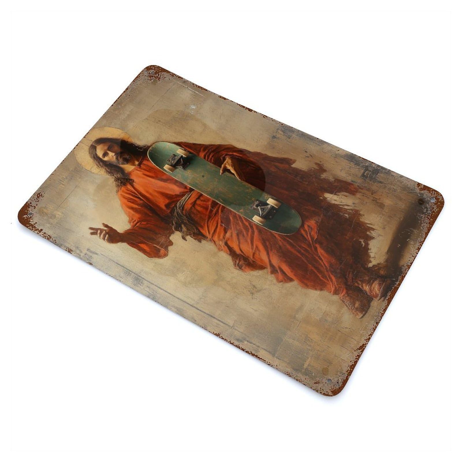 Rustic Tin Plaque with Jesus with Skateboard Design 11.8"x7.9", for Cafe, Home Bar And Lounge Decor, Industrial Home Decor