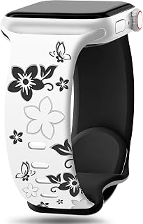 Floral Engraved Band for Women Compatible with Apple Watch Band 38mm 40mm 41mm 42mm(S10) Cute Two-Tone Flower Soft Silicone Sport Strap for iWatch Series 10/9/8/7/6/5/4/3/2/1/SE White/Black