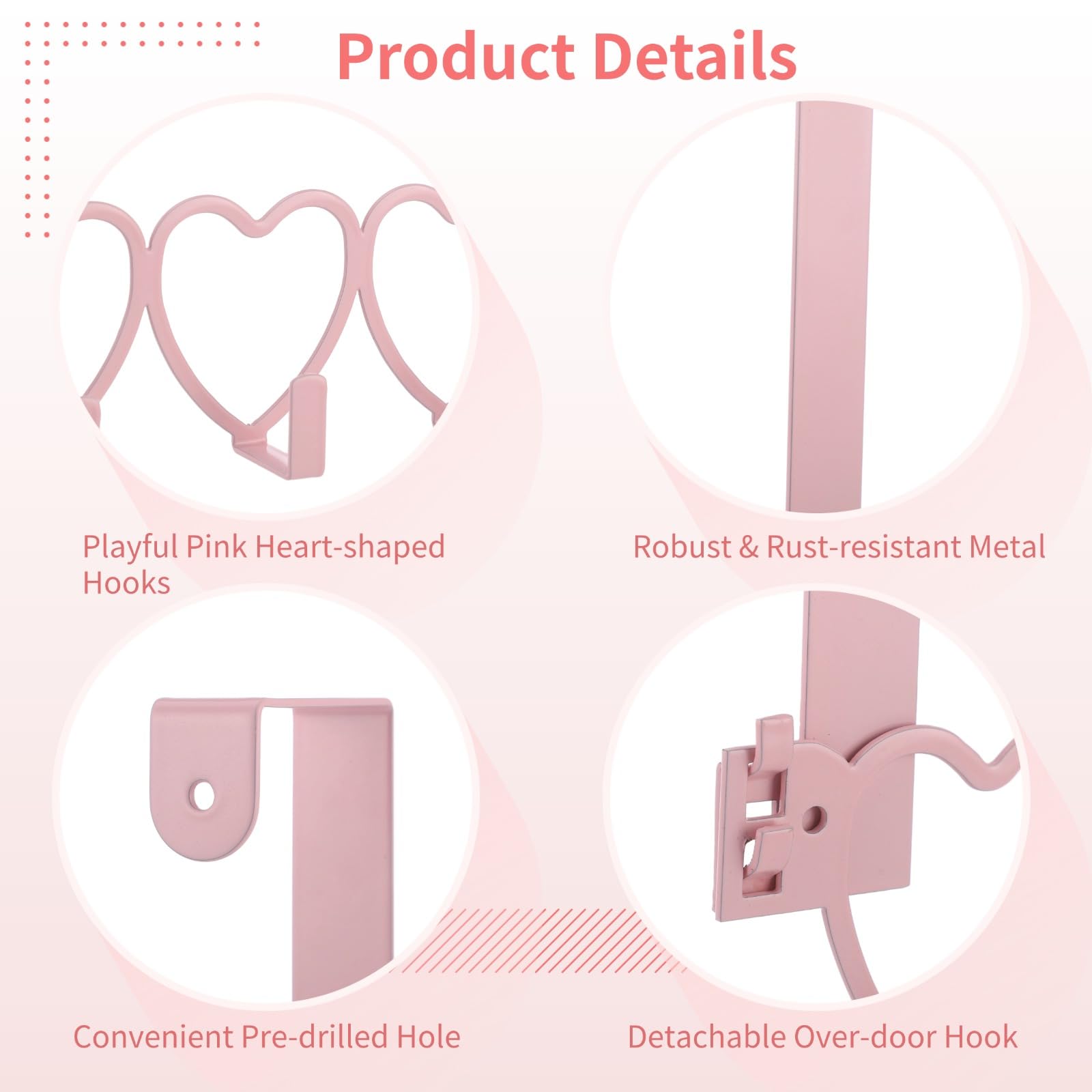 Herzförmige pinke Hakenleiste für Tür- oder Wandmontage, Metall-Organizer mit fünf Haken, für Handtücher, Mäntel, Schlüssel und Taschen, für Flur, Bad, Küche und Schlafzimmer