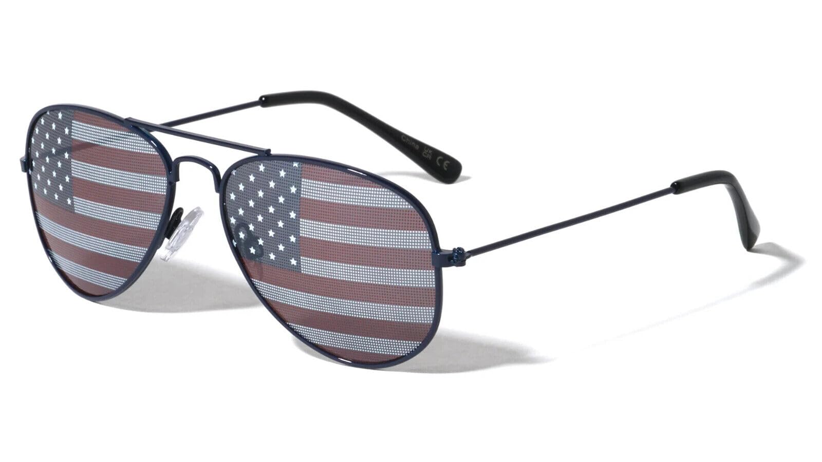 Dweebzilla Kids Youth USA American Flag Patriotic Classic Pilot Aviator Sunglasses (Navy Blue & Black Frame - Black Flag Print Lenses)