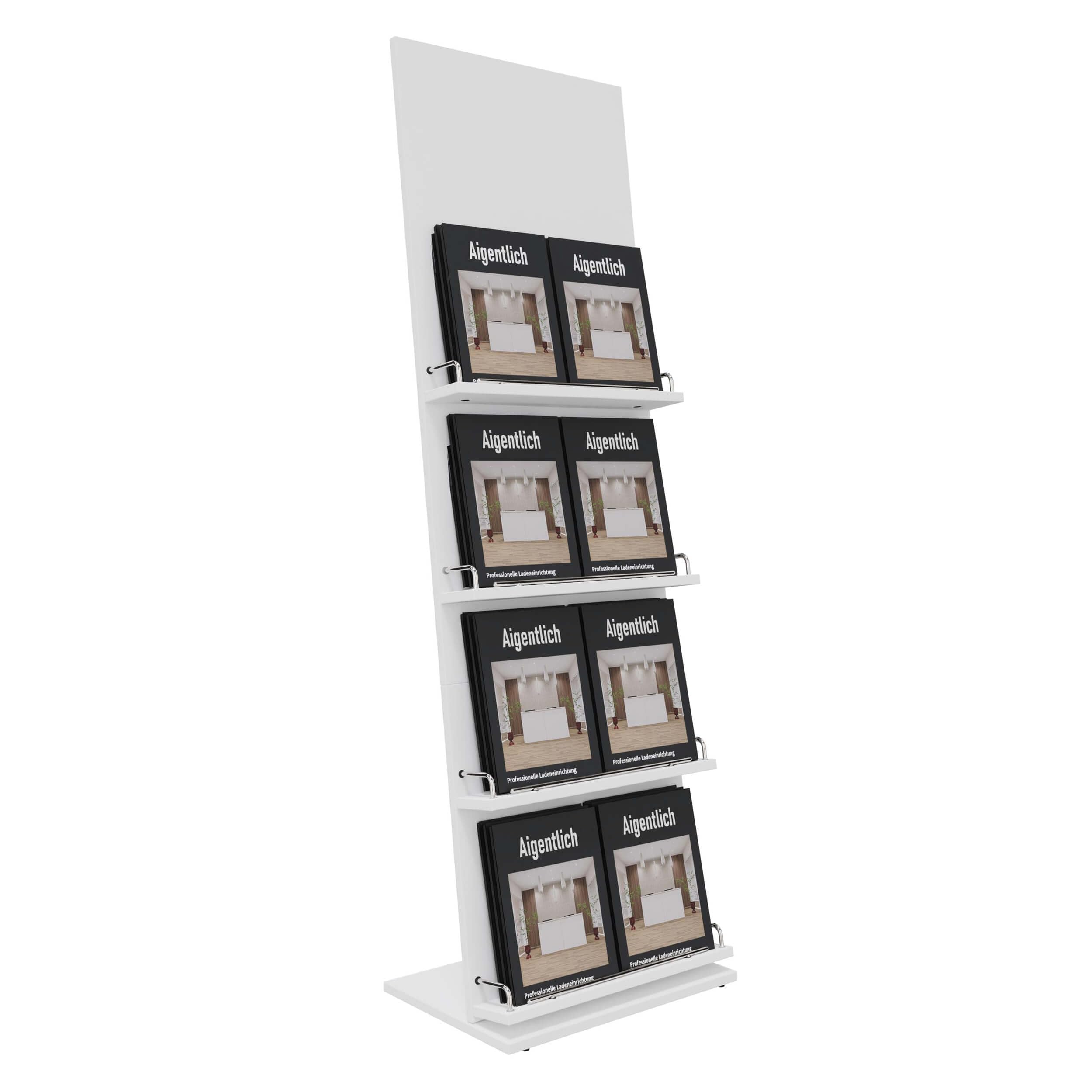 Prospektständer Holz 166x50x38cm, Katalogständer 4 Ablageböden für 8 x DIN-A4, sehr stabiler Broschürenständer, Zeitschriftenständer, Flyerständer inkl. Werbefläche (Weiß, DIN-A4)