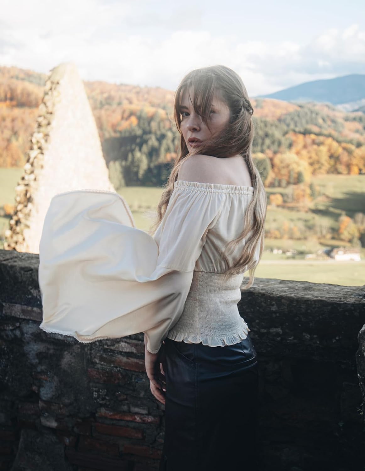 Scarlet Darkness Women Bell Sleeve Smocked Top Off The Shoulder Peasant Blouse Renaissance Pirate Shirt - Image 4